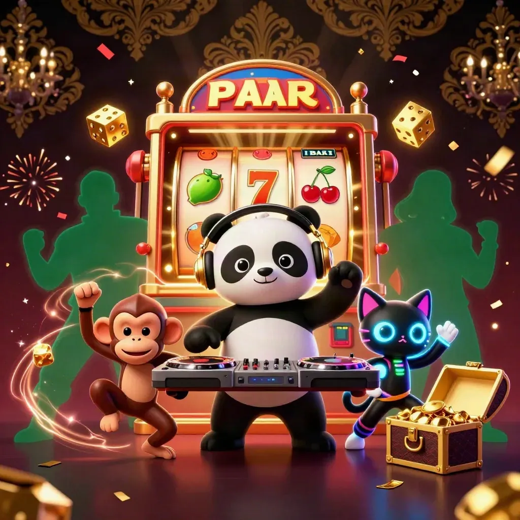 DJ panda, dancing monkey and glow-stick kitten amid jackpot bursts and golden casino energy.