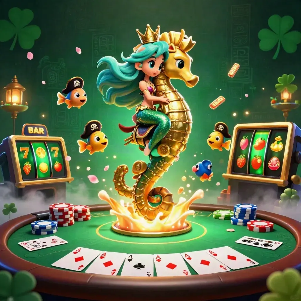 Mermaid princess on a gold-armoured seahorse amid cards, chips, reels, and forest-casino glow.