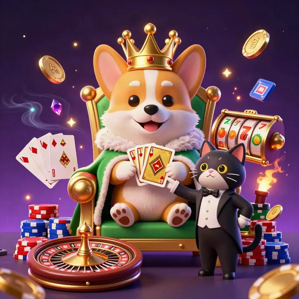 Royal corgi and cat butler amid gold chips, reels, coins, and purple casino glow.