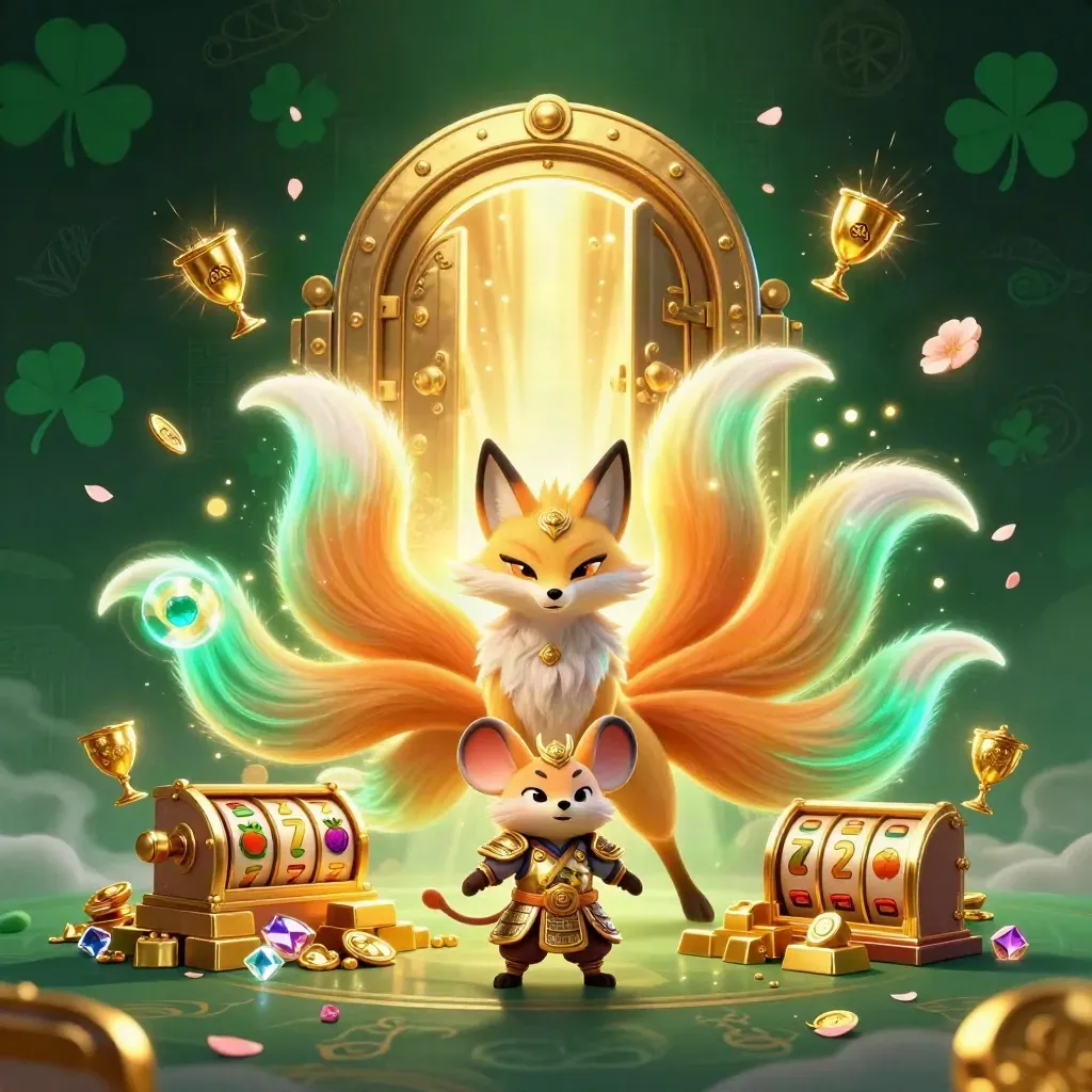 Nine-tailed fox spirit and armored samurai mouse before a bursting treasure vault, gold, neon, and sparks