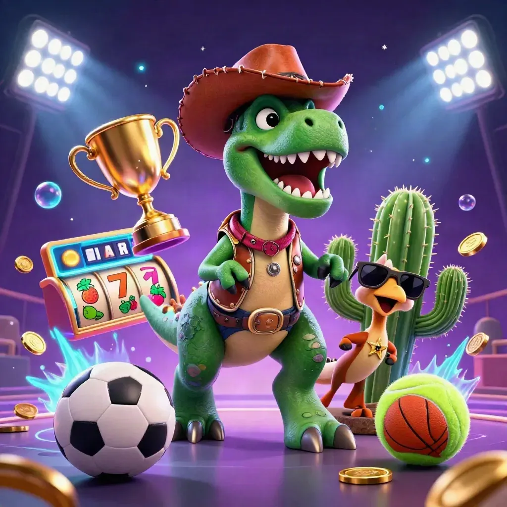 Cowboy T-Rex, cactus sidekick and roadrunner amid coins, reels and sports balls in neon casino jungle.