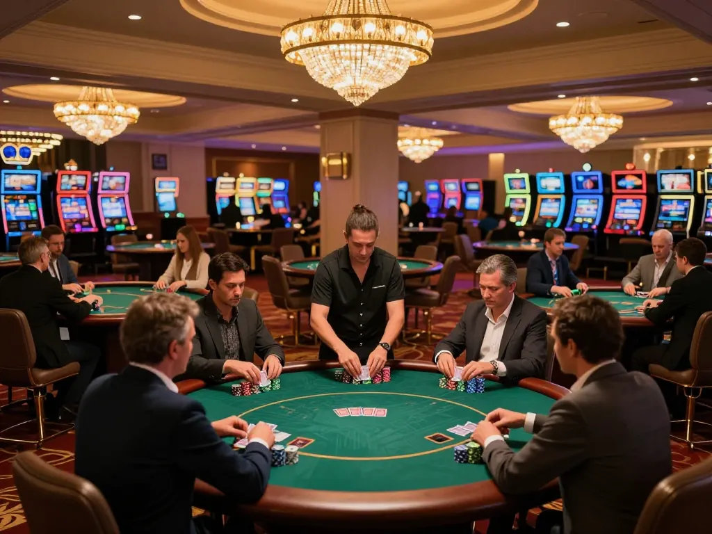 Players engaging in a poker game at Trang Chủ SC88 casino, lively atmosphere, strategic gameplay in session.