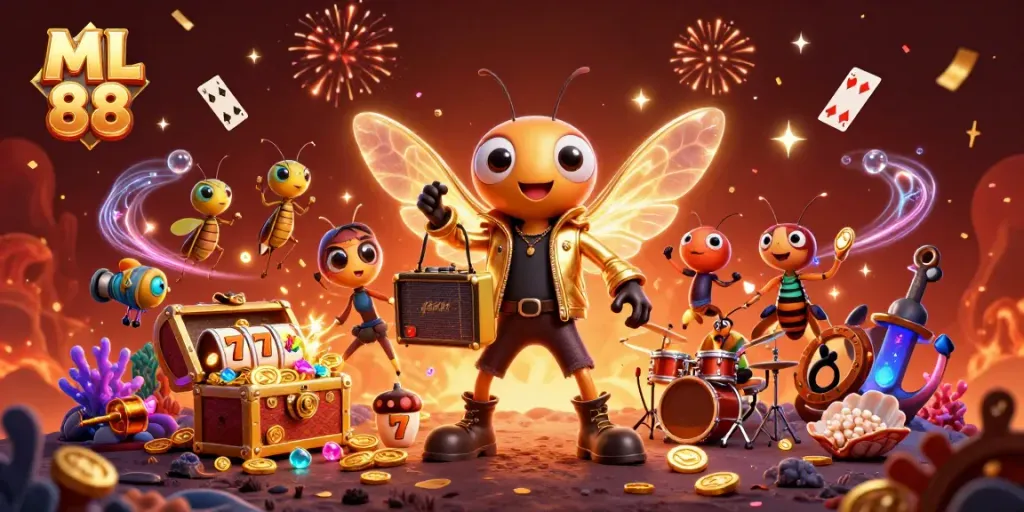 Experience ML 88's vibrant casino excitement with a 3D cartoon scene featuring a cicada rock star.