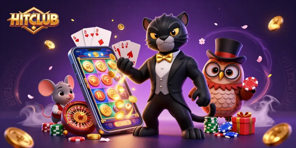 Engage with HITCLUB as a stylish panther deals cards in a lively casino scene.