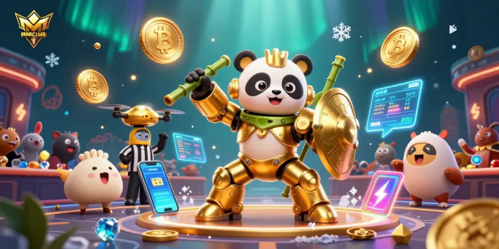 Engage in thrilling casino gaming at MANCLUB with golden panda characters and vibrant visuals.