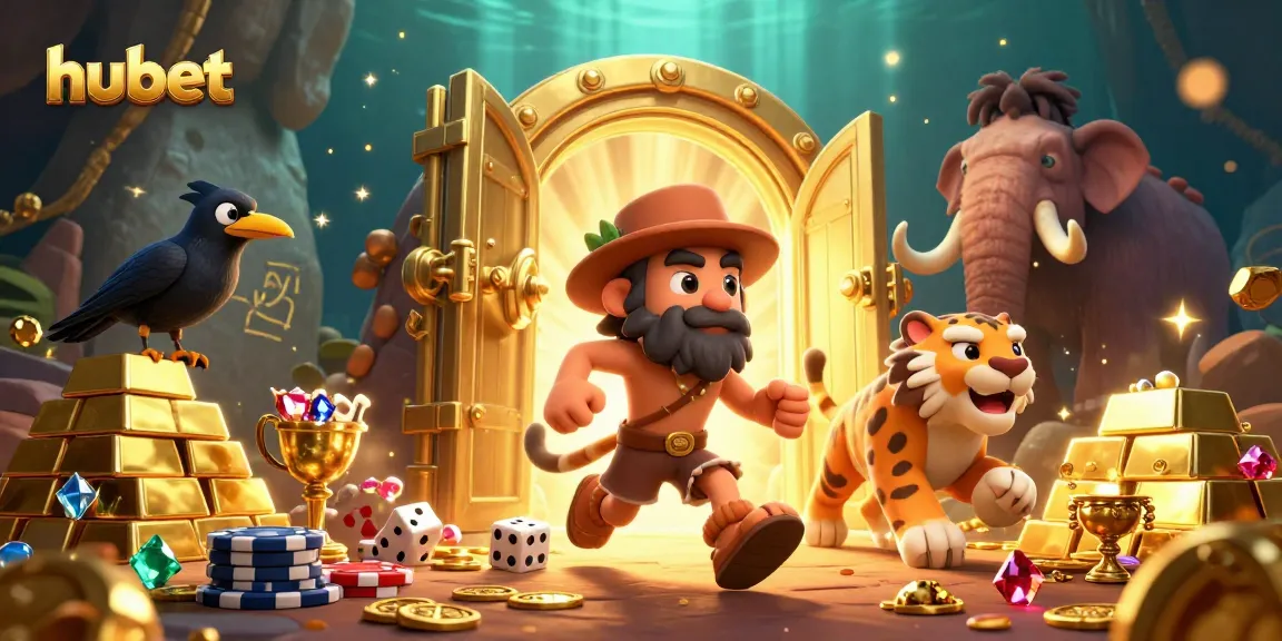 hubet casino gaming scene with a caveman, sabertooth tiger, and crow in action