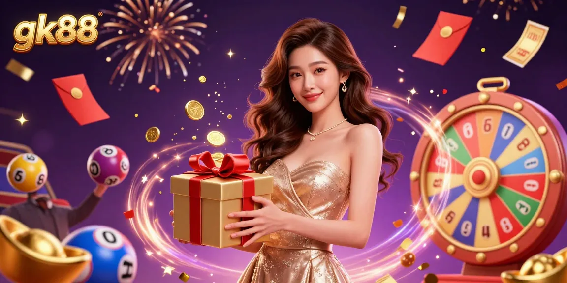 Join the festive gk88 celebration with golden coins and lottery excitement in this vibrant casino scene.