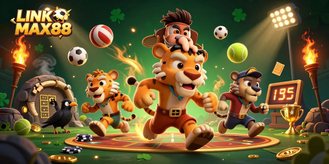 Win big with LINK MAX88 at a prehistoric casino filled with vibrant sports elements and cartoon characters.