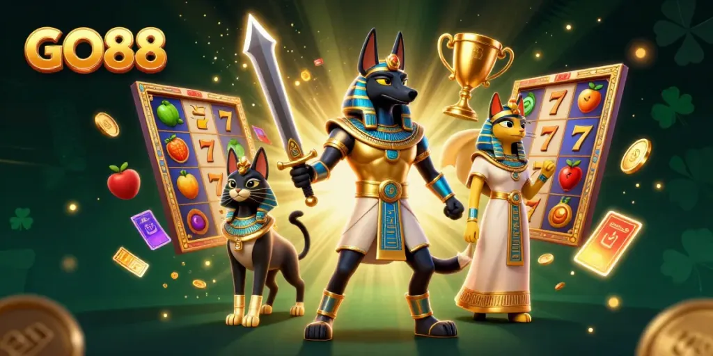 Engage with GO88 in an exciting online casino scene featuring Anubis and Bastet among vibrant slots.