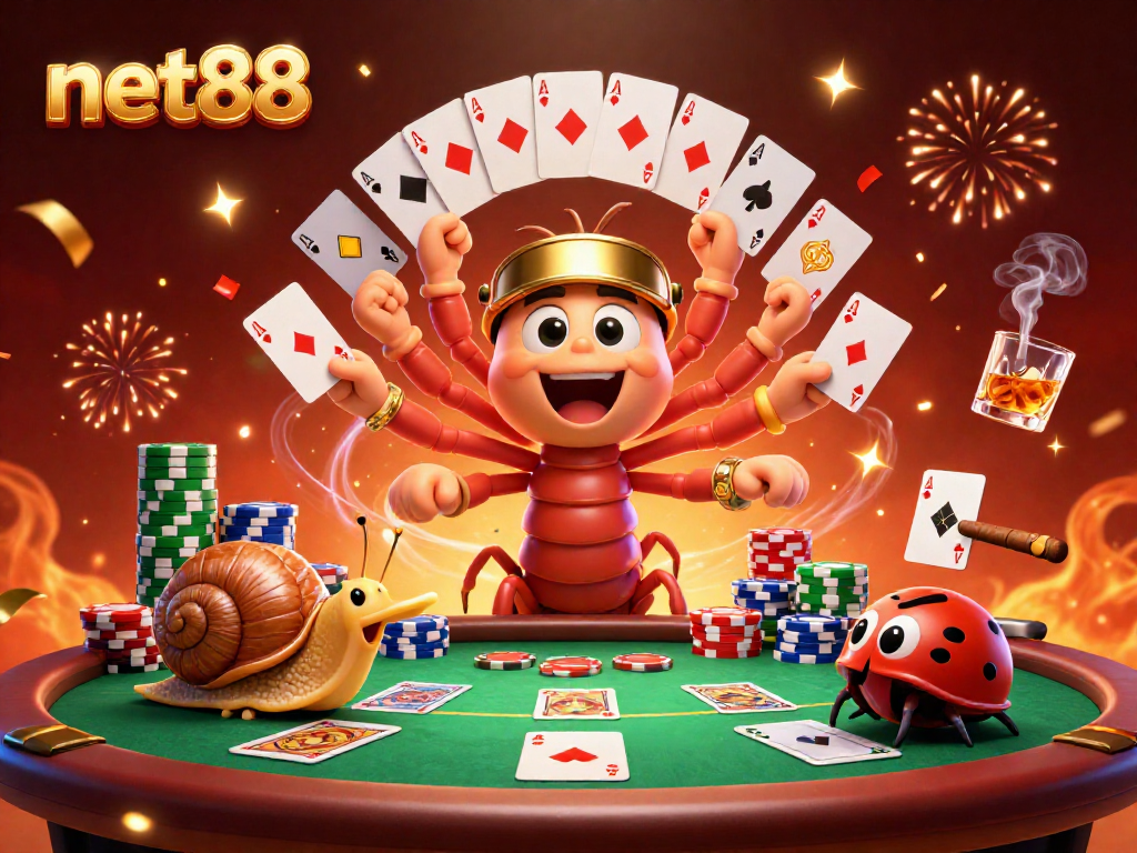 Experience excitement at net88 with a lively poker scene featuring colorful chips, cards, and animated characters.