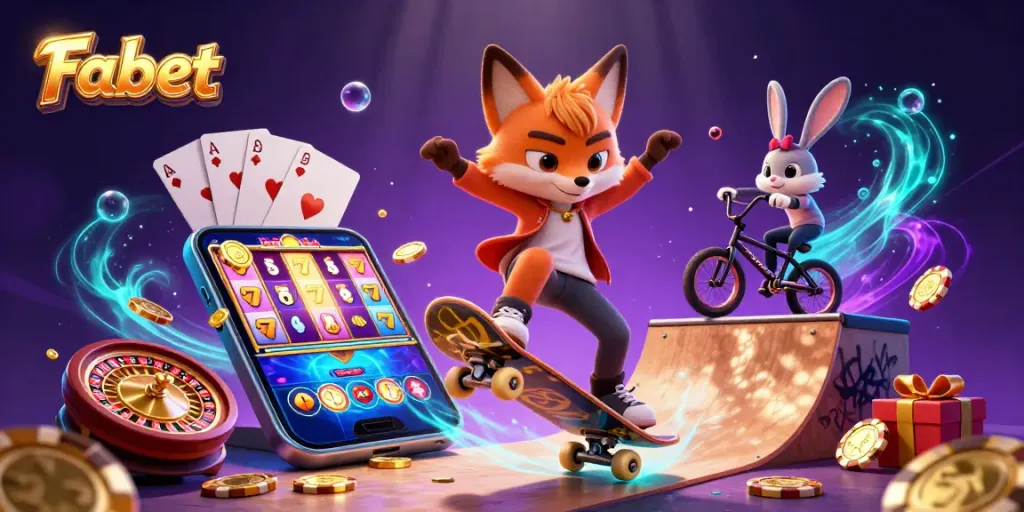 Fabet capturing the thrill of online slots in an artistic 3D casino scene with vibrant elements.