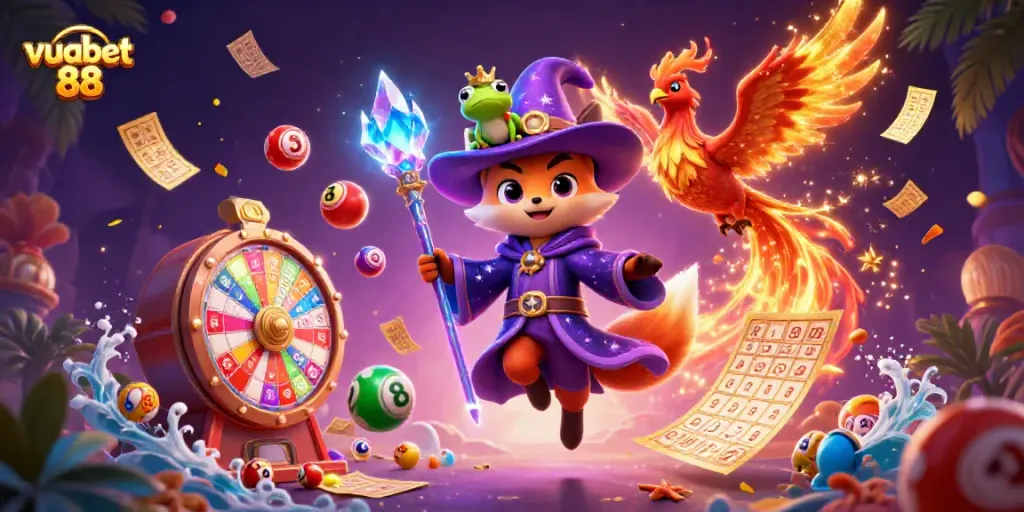 Experience thrilling gameplay with vuabet 88 through a magical 3D casino adventure showcasing vibrant lottery elements.
