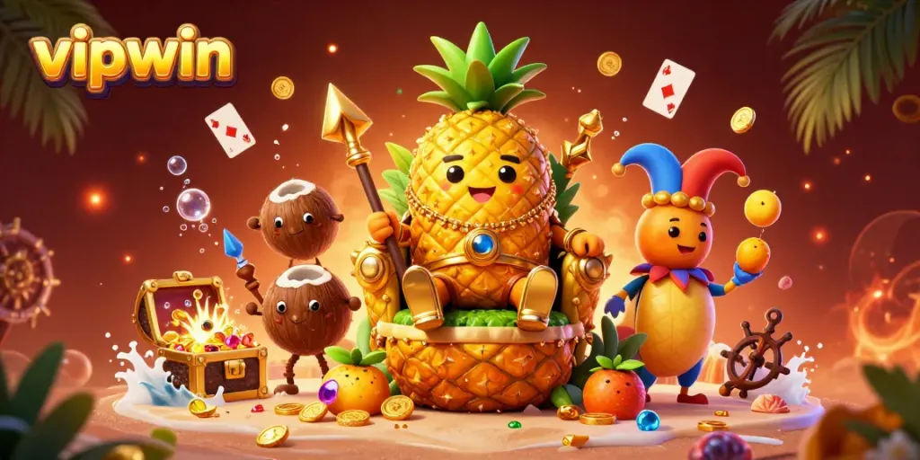 Win big with vipwin in this vibrant 3D casino scene featuring a pineapple king and playful decor.