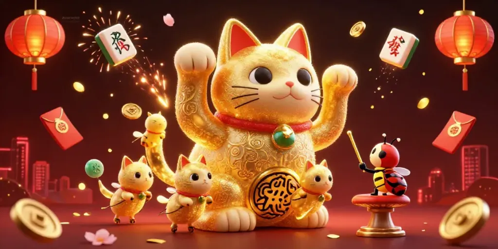 Experience the whimsical charm of galaxymacau88 through this colorful illustration of a lucky cat in a vibrant casino setting.