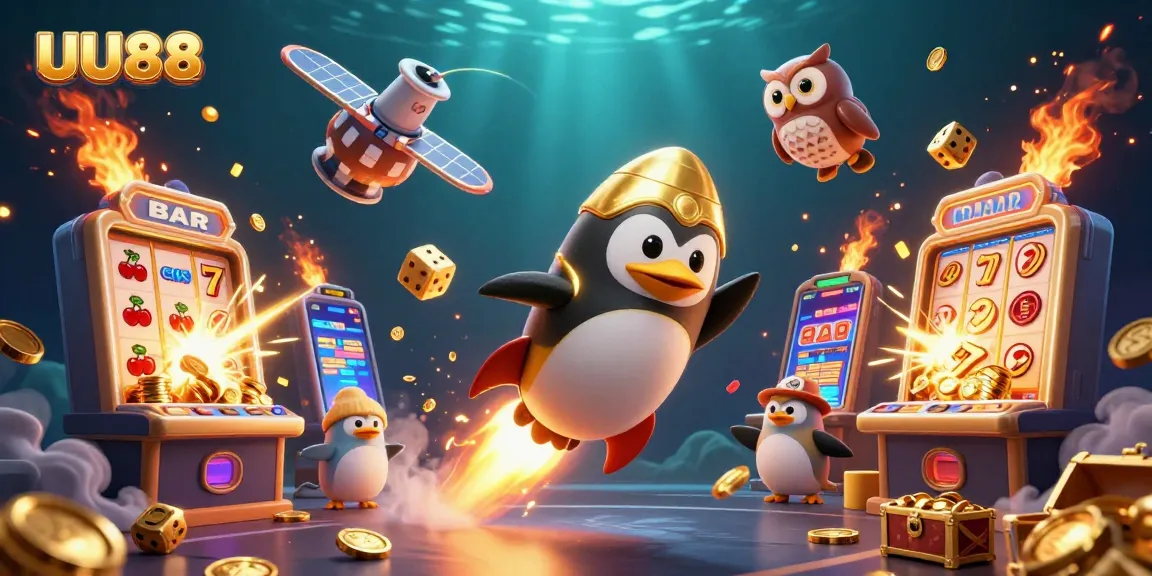 UU88 offers an exciting gameplay experience, showcasing a golden penguin, casino elements, and dynamic explosions.