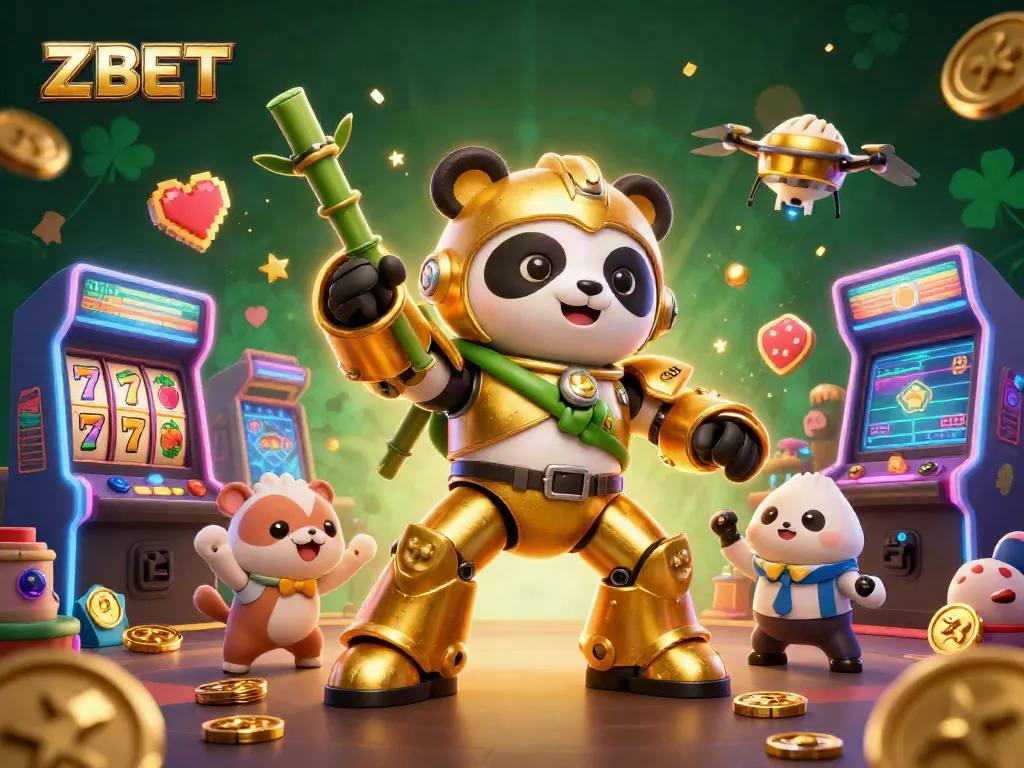 ZBET showcases a vibrant casino scene with a golden panda mech battling in a colorful, animated environment.