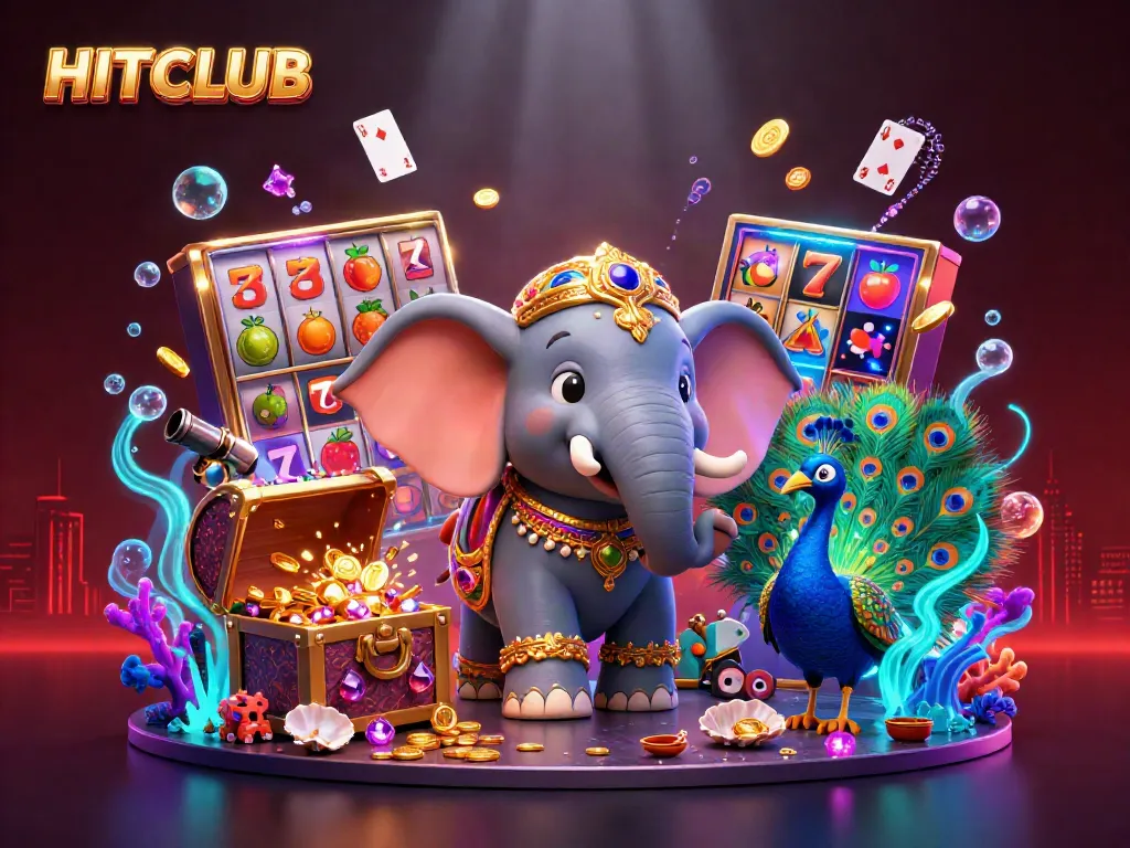 Engage with HITCLUB's dynamic casino world featuring vibrant characters, colorful gems, and immersive slot elements.