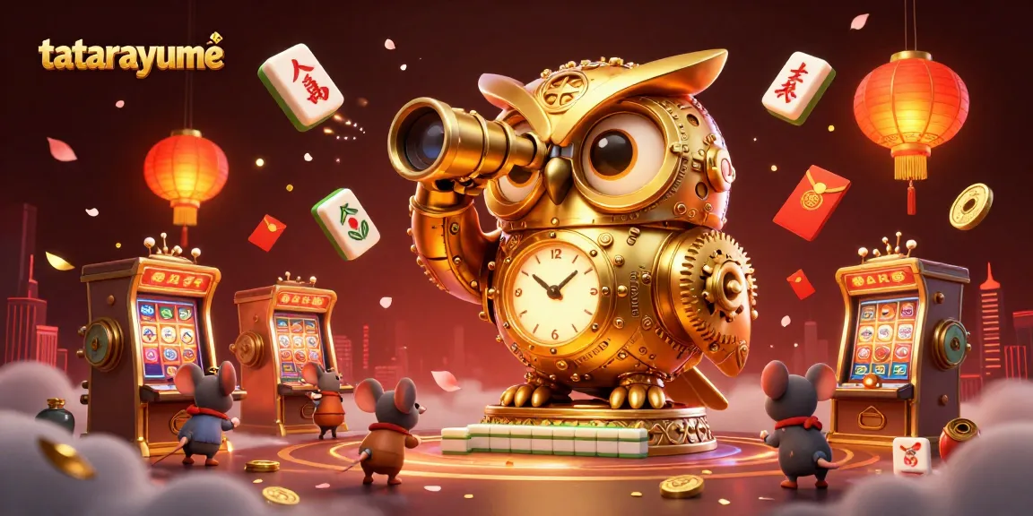 Tatarayume showcases an enchanting 3D scene with a golden owl surveying slot machines amid vibrant elements, depicting a lively casino atmosphere.