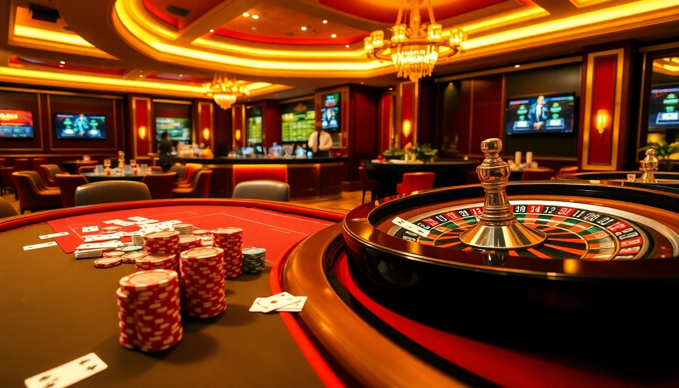 Experience the vibrant excitement of high-stakes gaming at https://vu88.tech/ with an elegant casino scene showcasing poker chips and roulette.