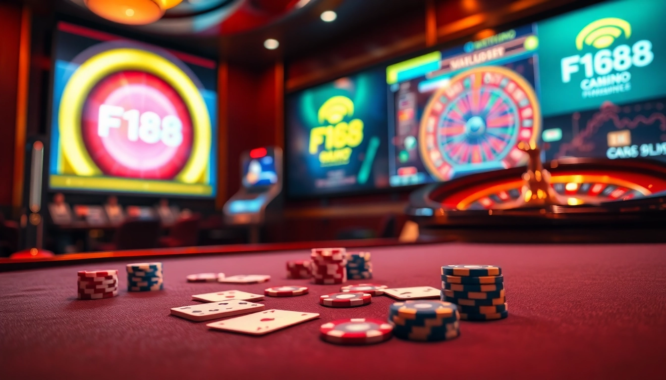 Play thrilling poker at F168's luxurious casino tables, surrounded by vibrant gaming action.