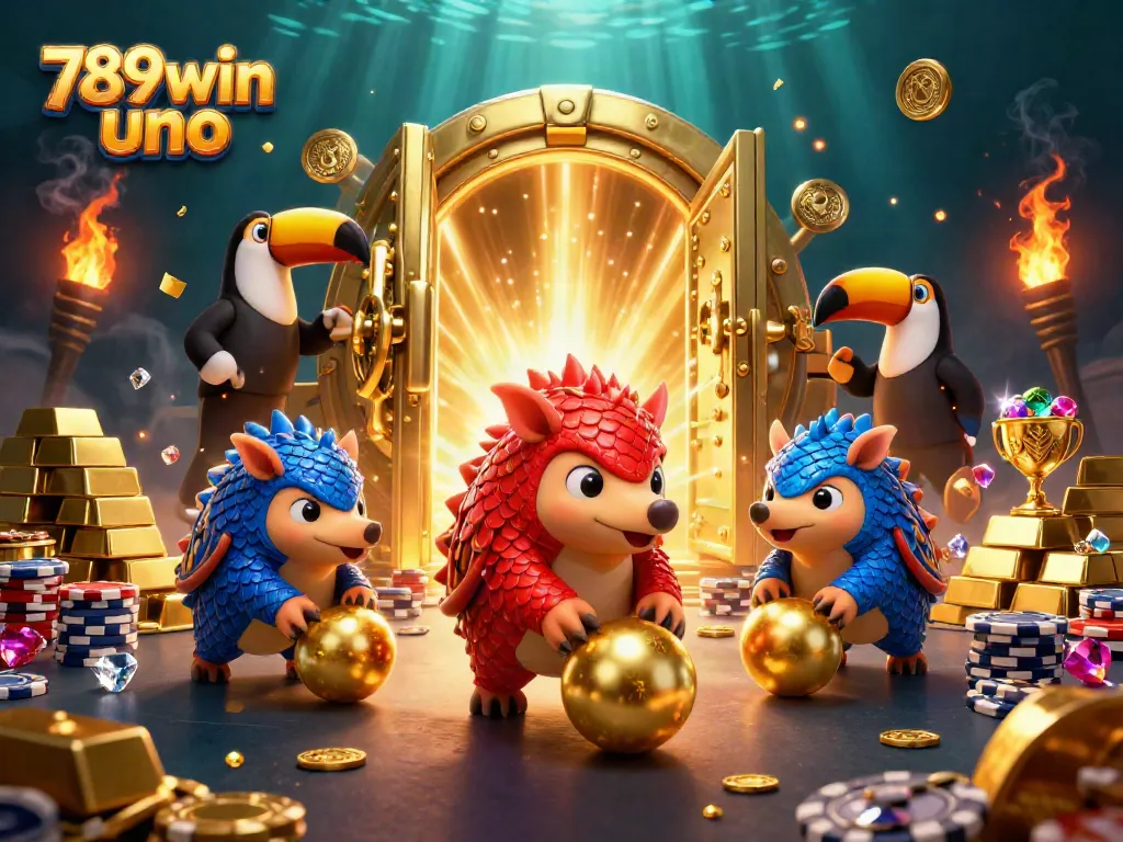 Engage in dynamic gameplay with 789win uno featuring rival pangolins surrounded by gold and treasures.