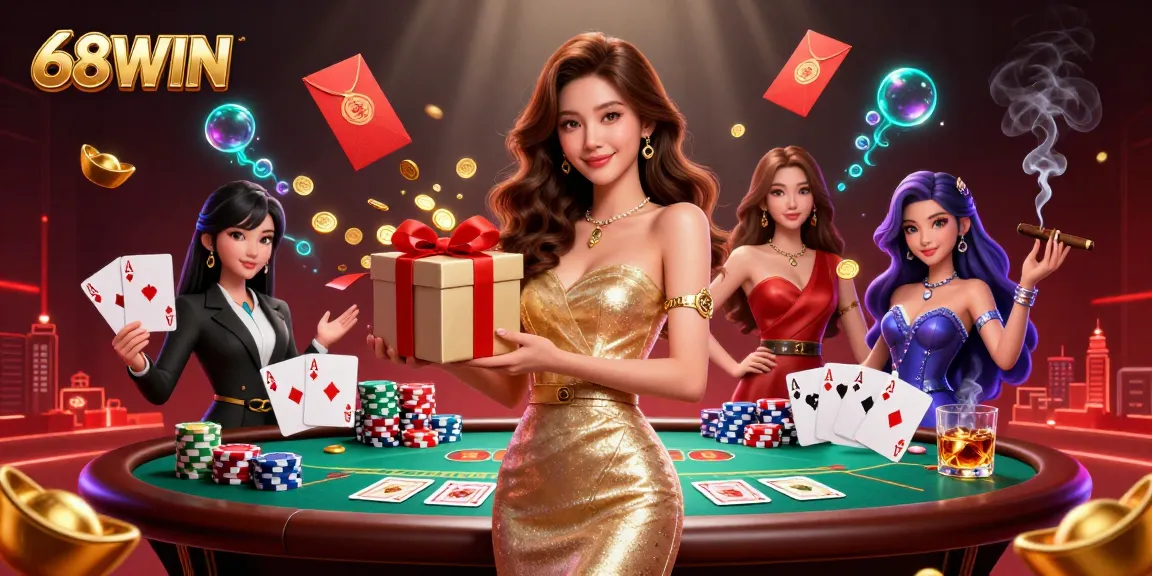 Play at 68WIN Casino with festive elements and a gorgeous dealer surrounded by poker and gold.