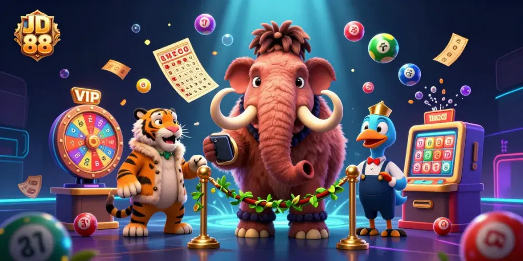 Experience JD 88 with lively characters enjoying casino games and lottery excitement in a vibrant 3D scene.
