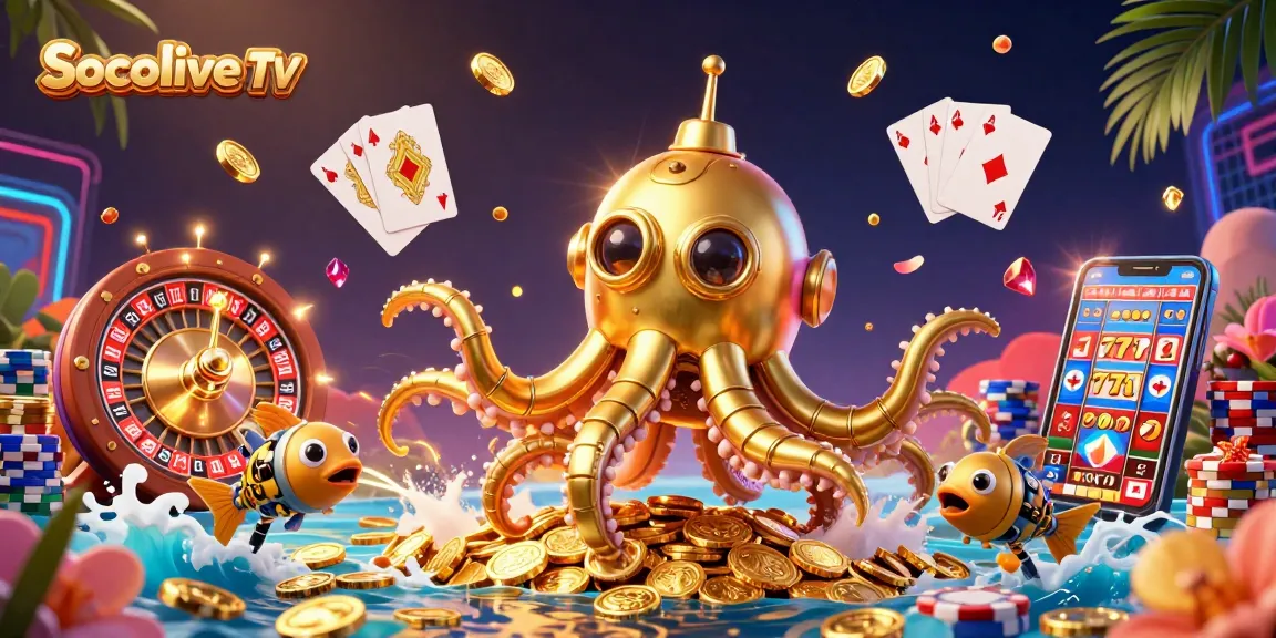 Socolive TV captures the excitement of online gambling with a 3D kraken submarine surrounded by golden coins and gaming elements.