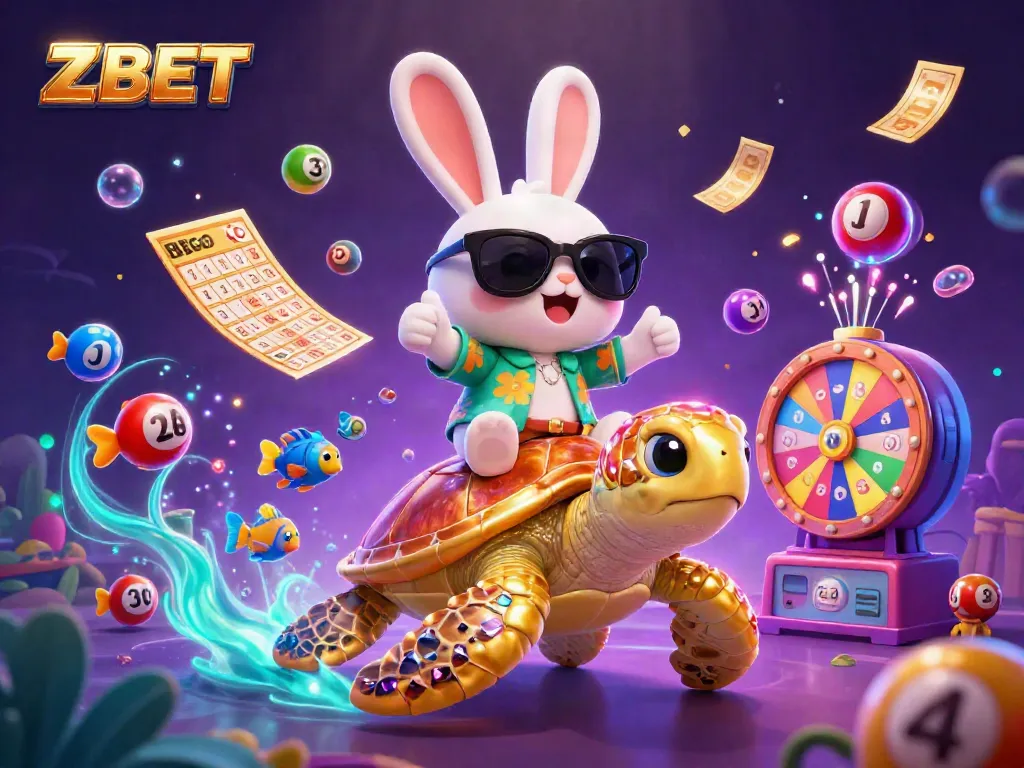 ZBET players winning big with vibrant lottery elements and joyful creatures in a colorful casino scene