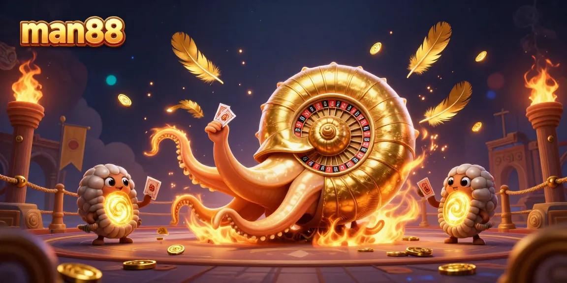 Experience exciting gameplay at man88 with a giant nautilus roulette wheel and vibrant casino elements.