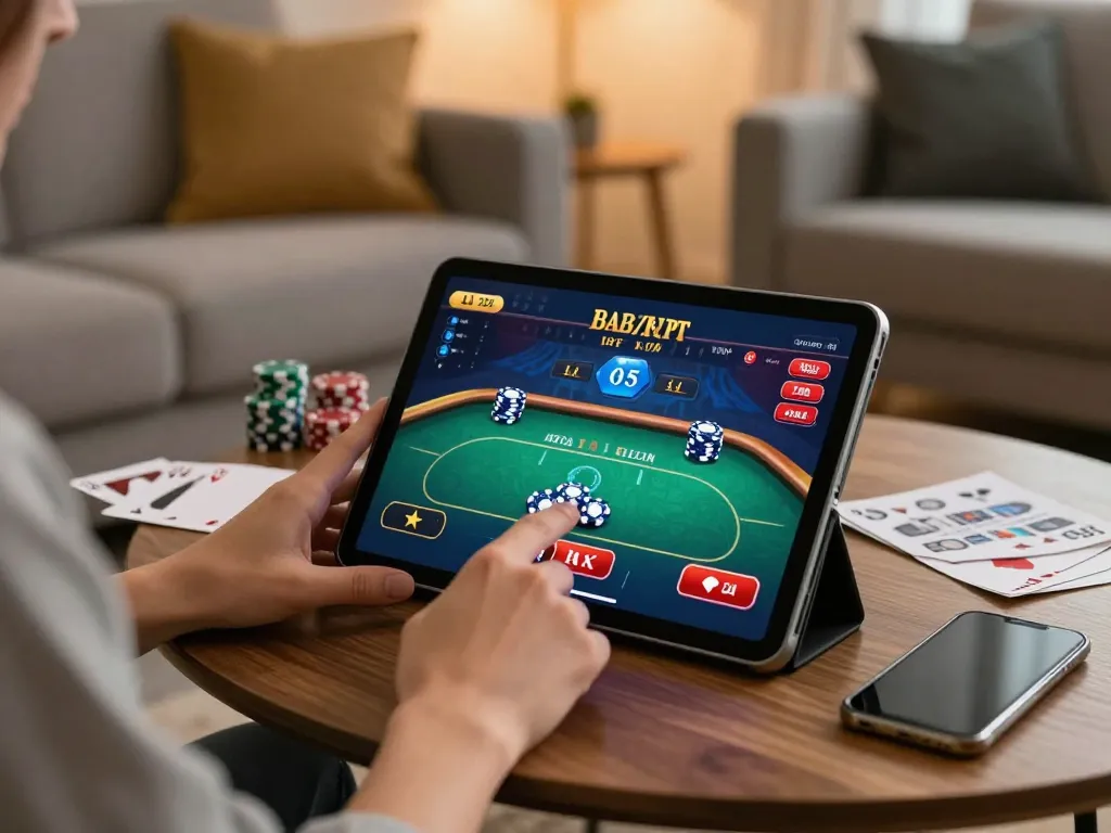 A player engages with the trang chủ xx88 online casino, showcasing a poker game on a tablet.