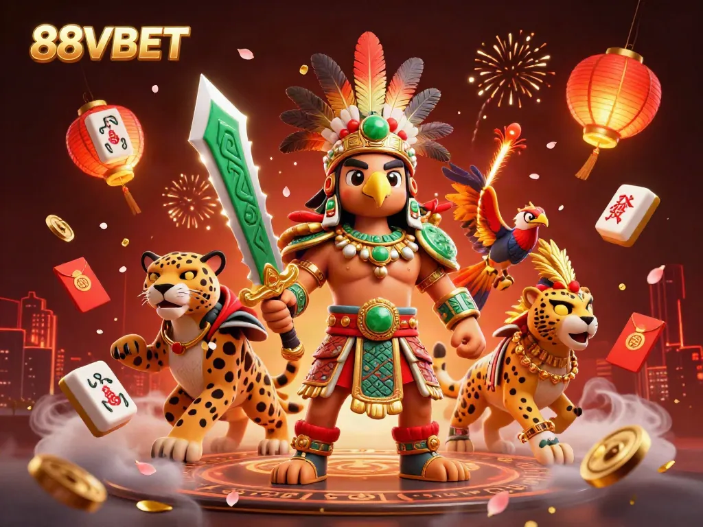 Experience the excitement of 88VBET with an illustration showcasing Aztec warriors and vibrant casino elements.