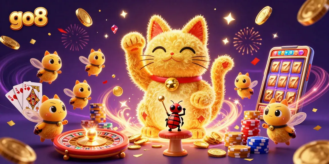 Experience the exciting world of go8 with a vibrant lucky cat illustration surrounded by dynamic casino elements.