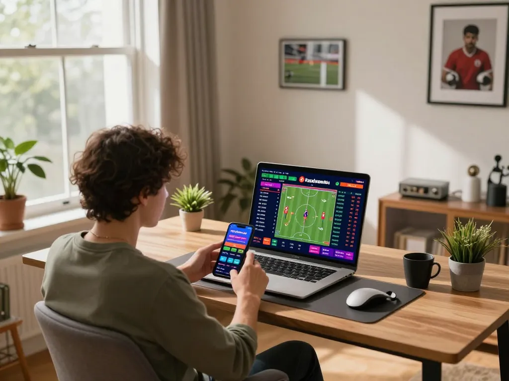 Engaging online betting activity showcasing tỷ lệ nhà cái on a laptop while checking sports odds