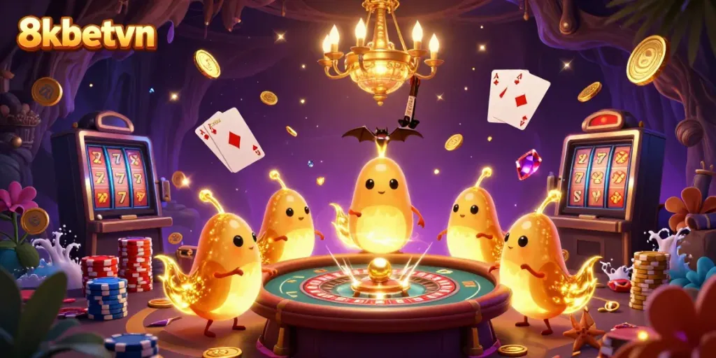 Experience the thrilling world of 8xbetvn with vibrant glowworms illuminating a cave casino filled with dynamic game elements.