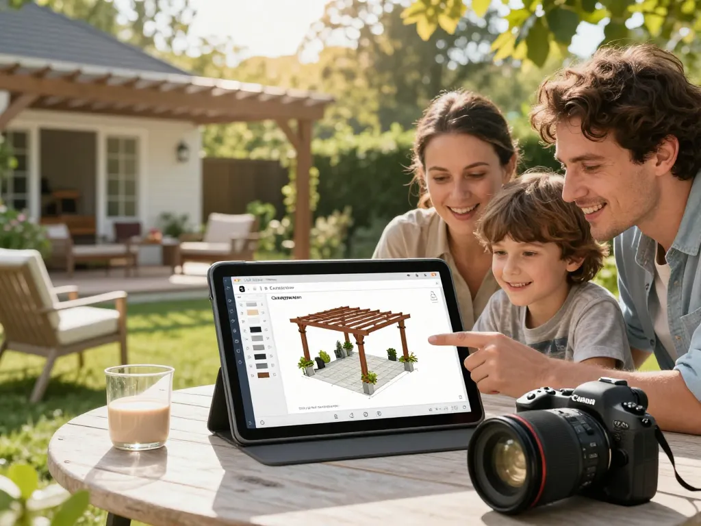 Family using Pergola Configurator Software to design a 3D pergola in their backyard.