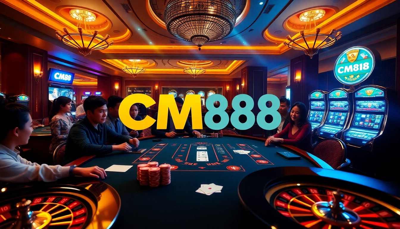 Enthusiastic players at CM88 casino table with vibrant chips and cards showcased.