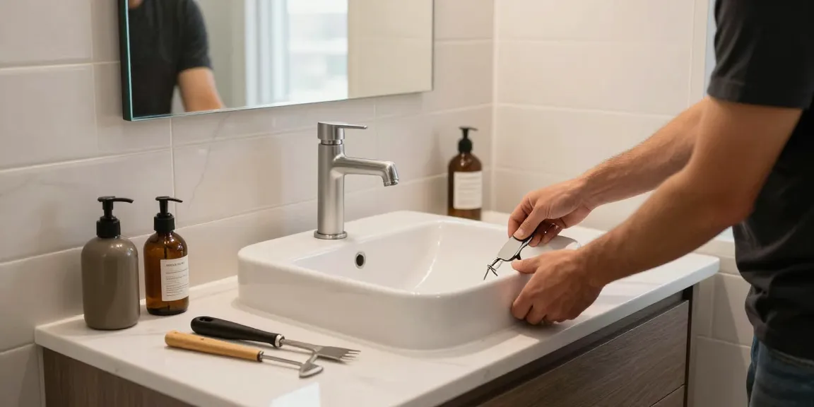 Custom bathroom sinks Hamilton installation in a modern bathroom scene, showcasing elegant design and craftsmanship with natural light.