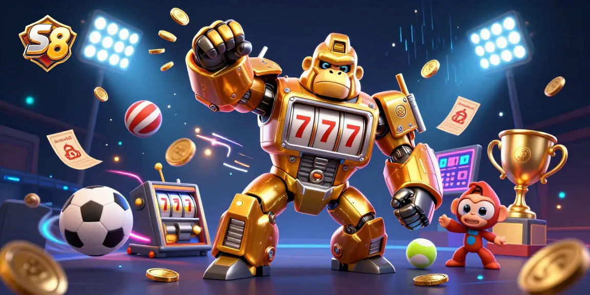 Experience the thrill of S 8 with dynamic sports balls and a golden gorilla mech in action.