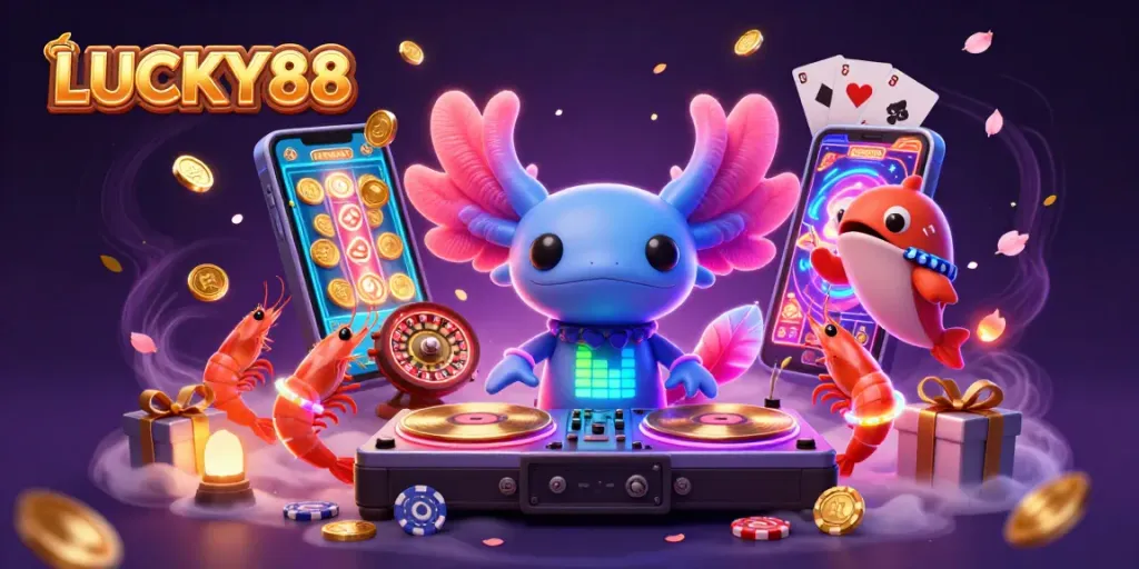 LUCKY88 vibrant casino scene featuring neon axolotl DJ and dynamic gaming elements.