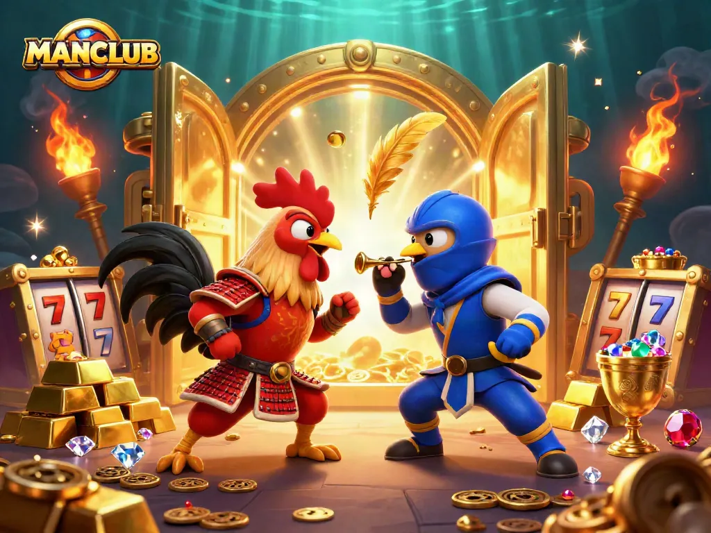 Battle for glory in MANCLUB, where twin roosters vie among gold treasures and slot reels.