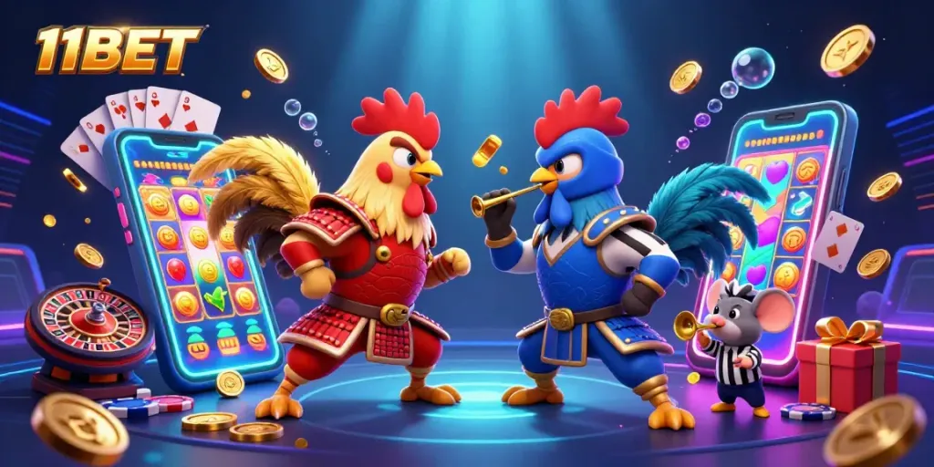 Experience thrilling action with 11BET's illustrated rooster showdown in a vibrant casino scene.