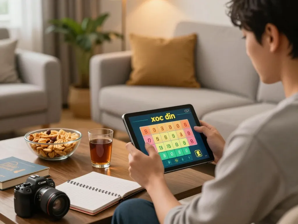 xóc đĩa online gameplay on a tablet, featuring a player strategizing in a cozy home environment