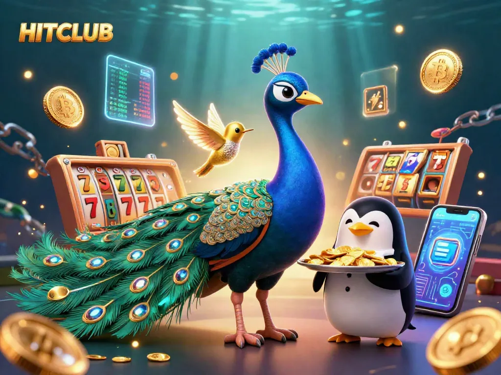 Join the excitement at HITCLUB with a dazzling casino scene featuring animated characters and vibrant slot game elements.