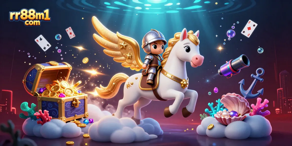 Experience gaming action with rr88m1 com's vibrant 3D casino illustration featuring a celestial horse and treasures.