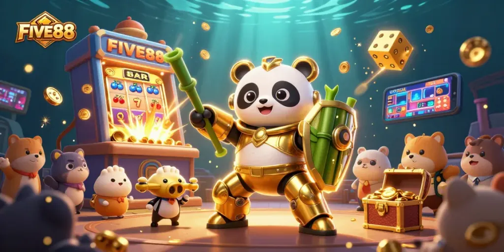 Engage with gaming excitement at FIVE88 featuring vibrant 3D casino elements and a golden panda.