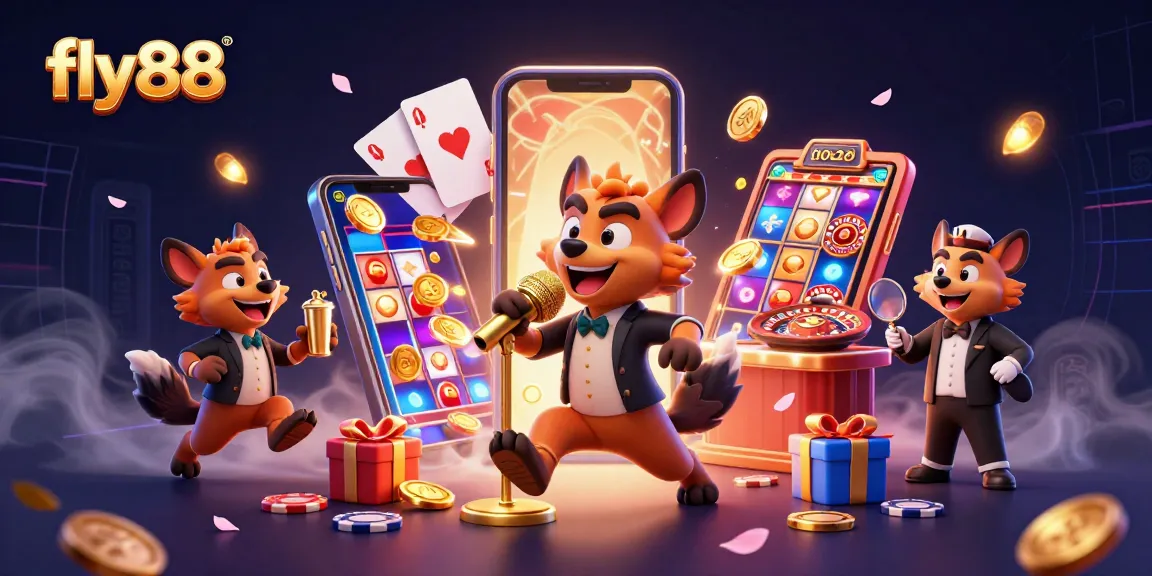 Engage in gaming at fly88 with a lively casino scene featuring comical hyenas and exciting slot games.