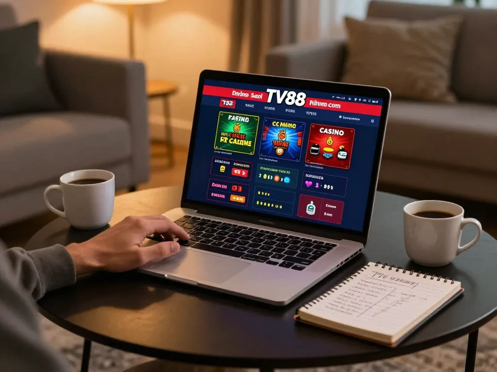 Engage with TV88 online casino excitement using laptop at home, enjoying a cozy gaming atmosphere.