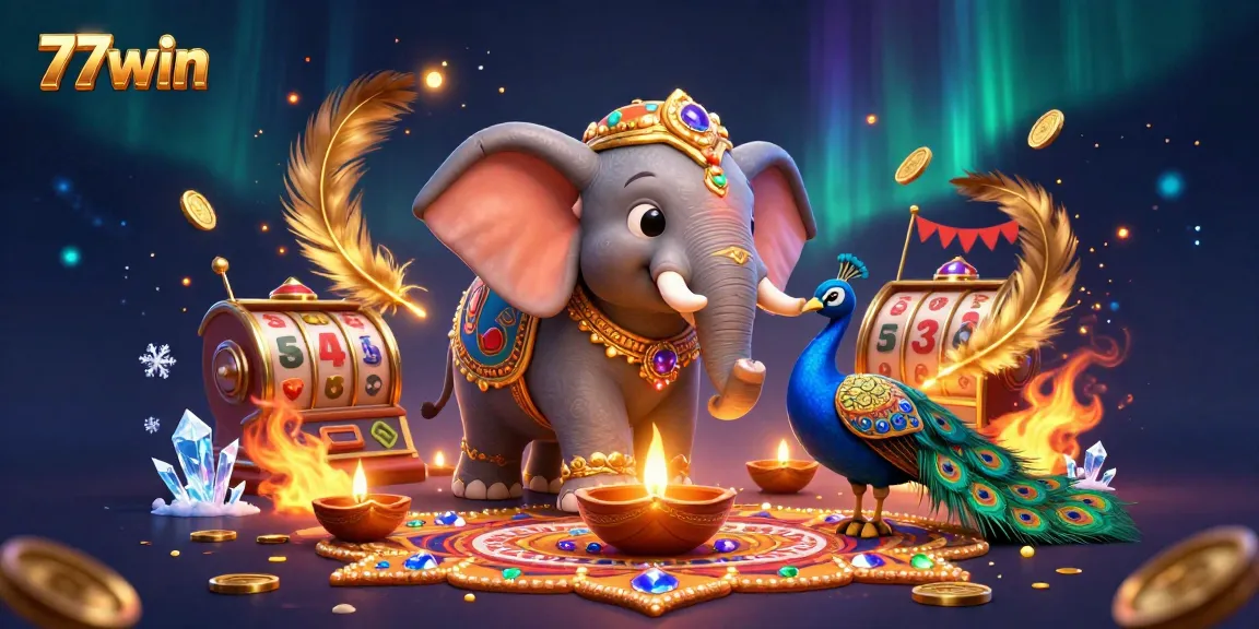 Experience the excitement of 77win with vibrant casino elements and festive characters in a dynamic scene.