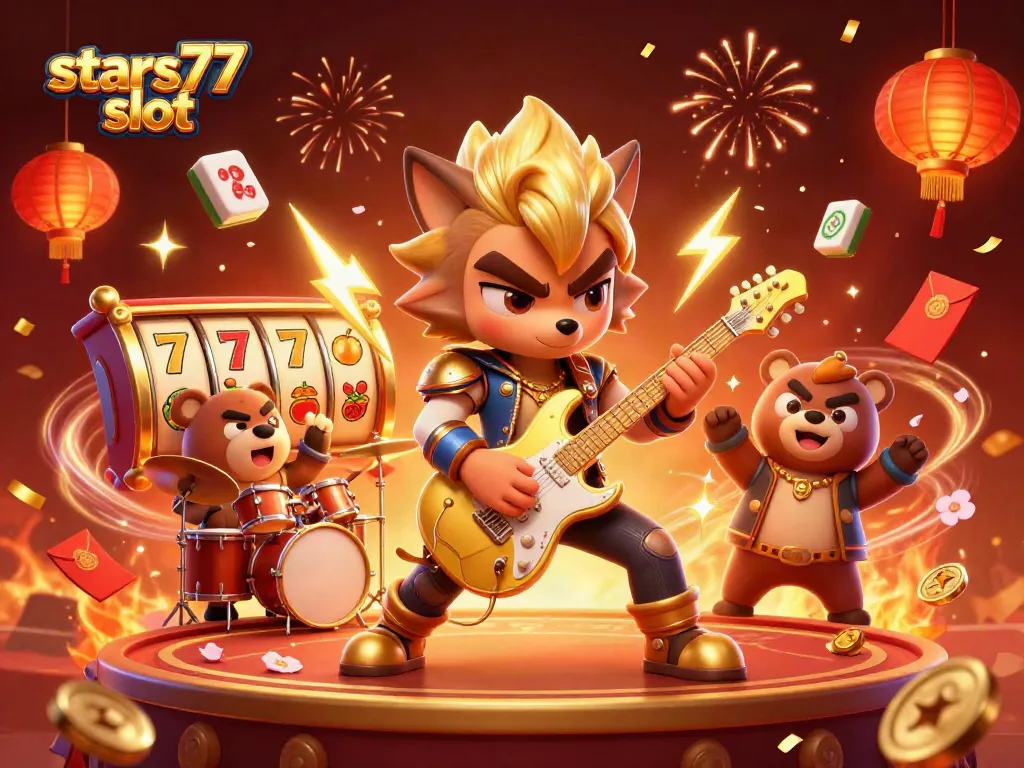 Slot Stars77 menampilkan aksi dengan karakter 3D kartun bermain di panggung kasino.